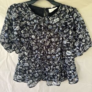 MELLODAY Black Floral Tie-Front Peplum Blouse with White & Light Blue Flowers